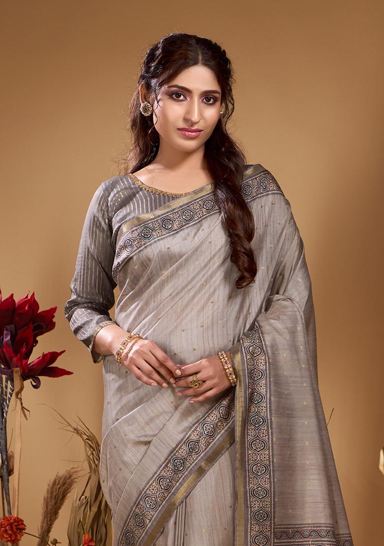 Silver Grey Printed Tussar Saree Set - Indya
