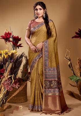 Musturd Gold Printed Tussar Saree Set