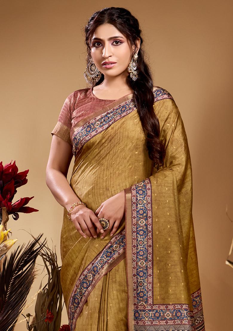 Musturd Gold Printed Tussar Saree Set - Indya
