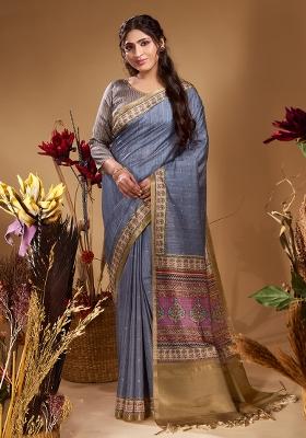 Powder Blue Printed Tussar Saree Set