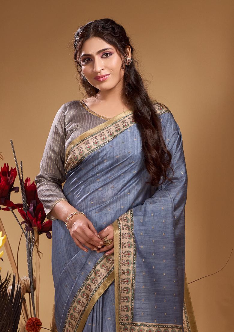 Powder Blue Printed Tussar Saree Set - Indya