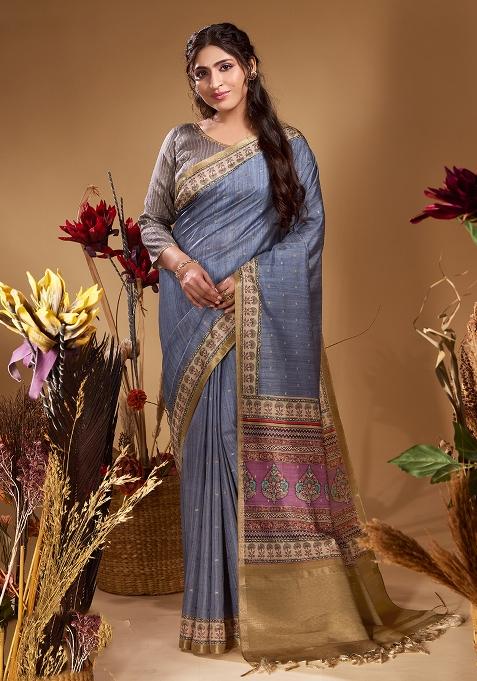 Powder Blue Printed Tussar Saree Set — view on Indya