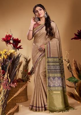 Beige Brown Printed Tussar Saree Set