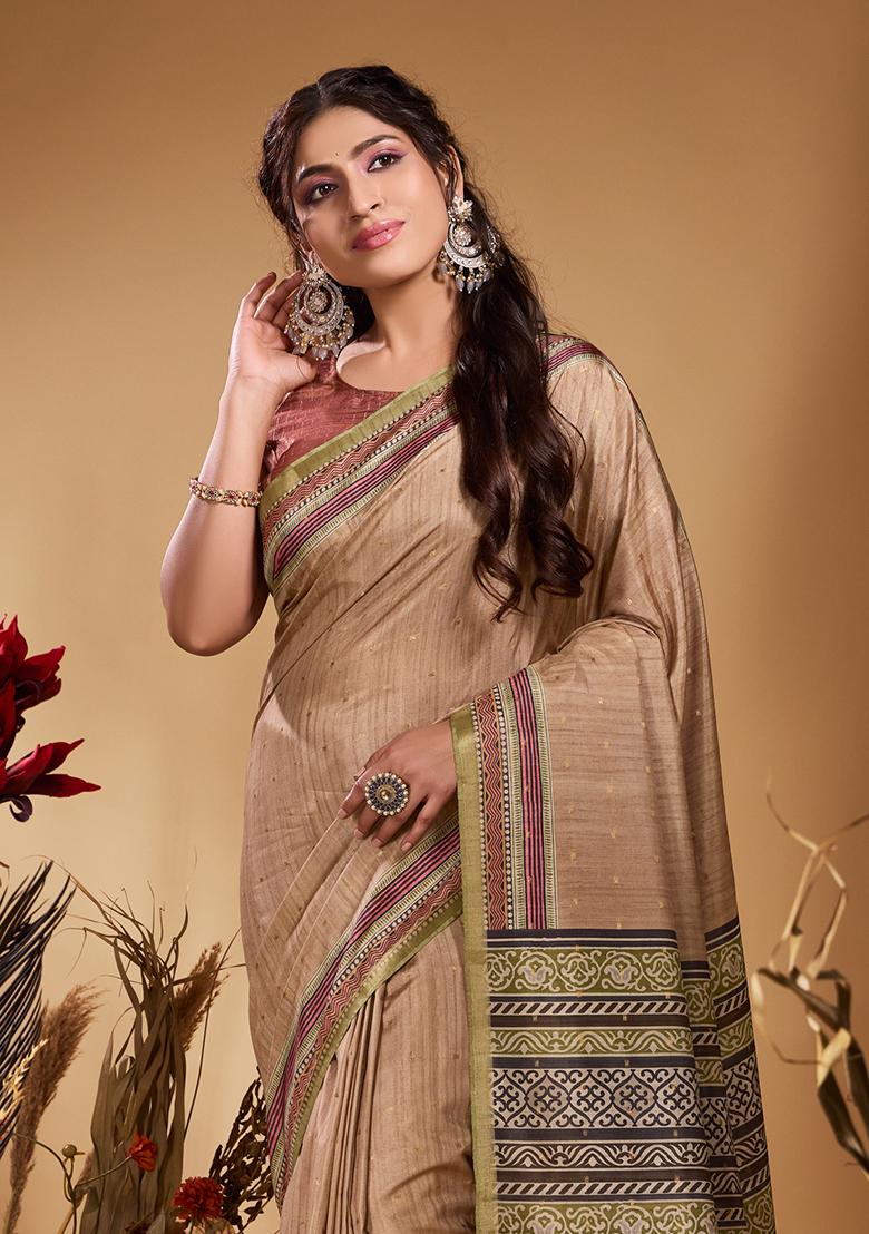 Beige Brown Printed Tussar Saree Set - Indya