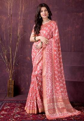Peach Printed Chanderi Saree Set