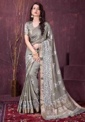 Grey Printed Chanderi Saree Set