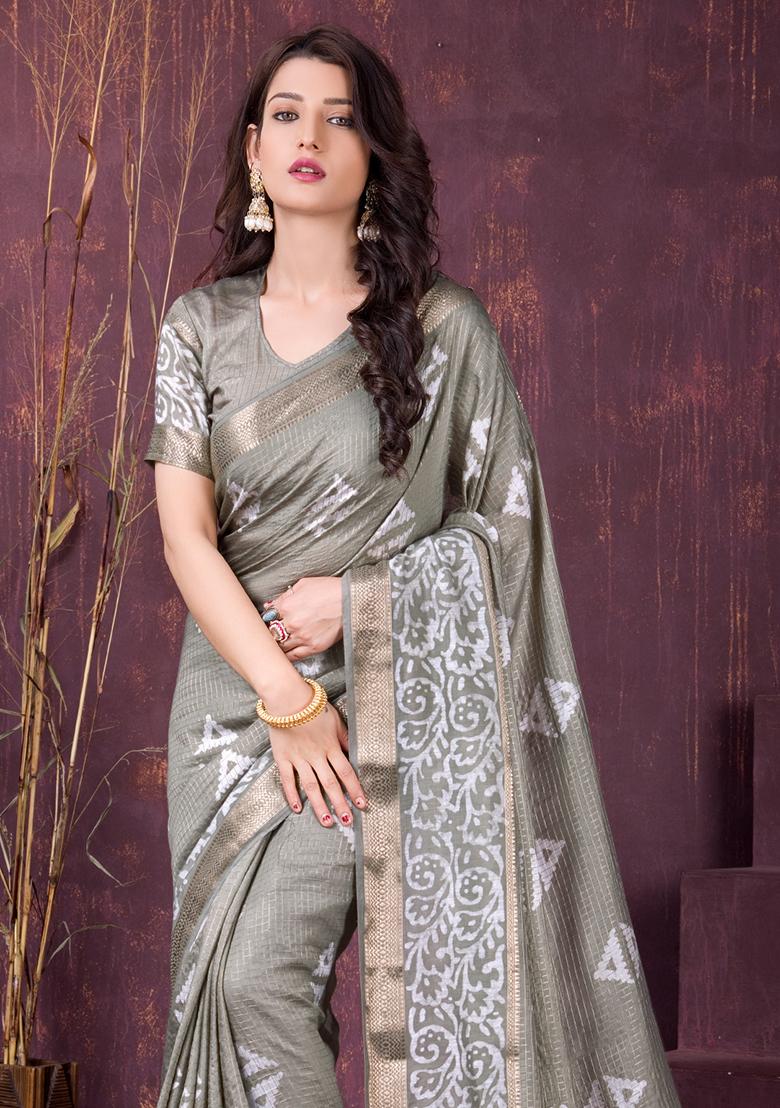 Grey Printed Chanderi Saree Set - Indya