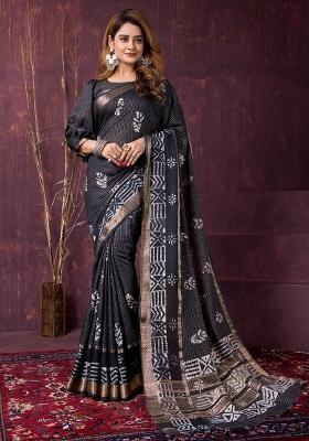 Black Printed Chanderi Saree Set