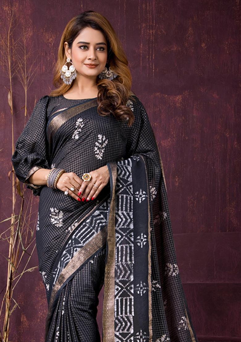 Black Printed Chanderi Saree Set - Indya