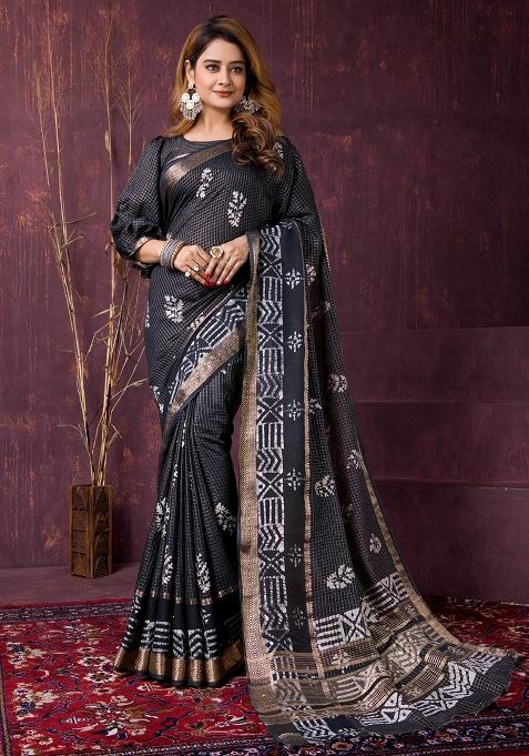 Black Printed Chanderi Saree Set — view on Indya