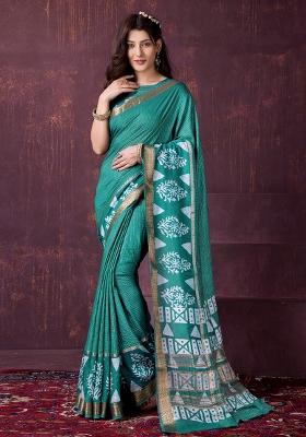 Green Printed Chanderi Saree Set