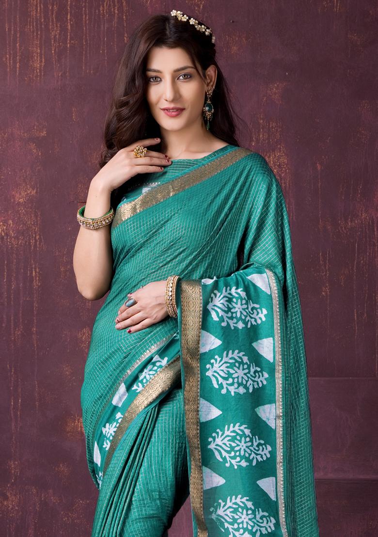 Green Printed Chanderi Saree Set - Indya