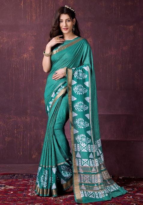 Green Printed Chanderi Saree Set — view on Indya