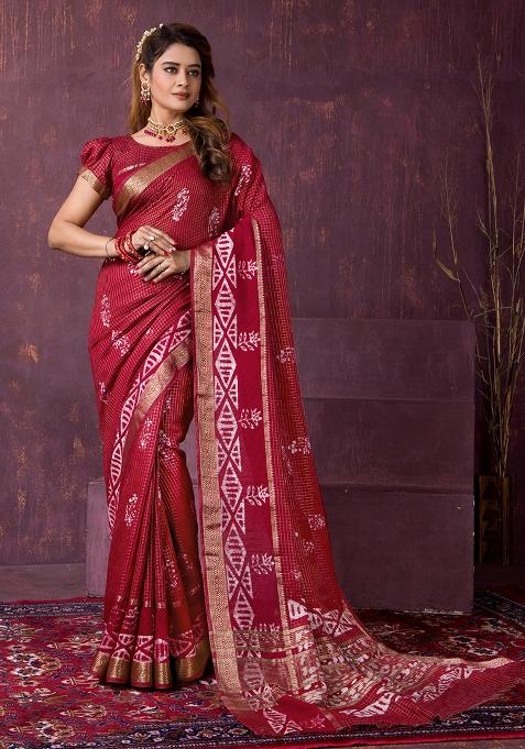 Red Printed Chanderi Saree Set
