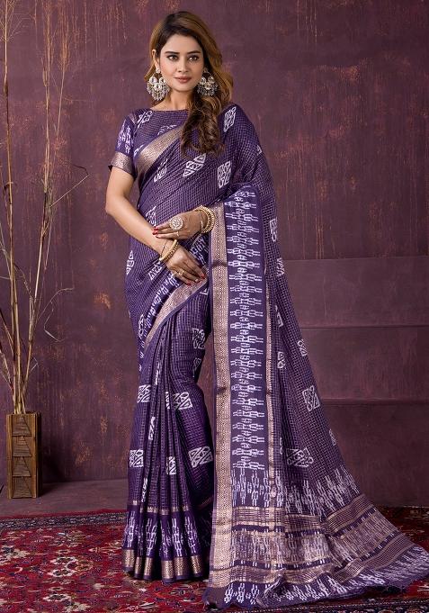 Purple Printed Chanderi Saree Set