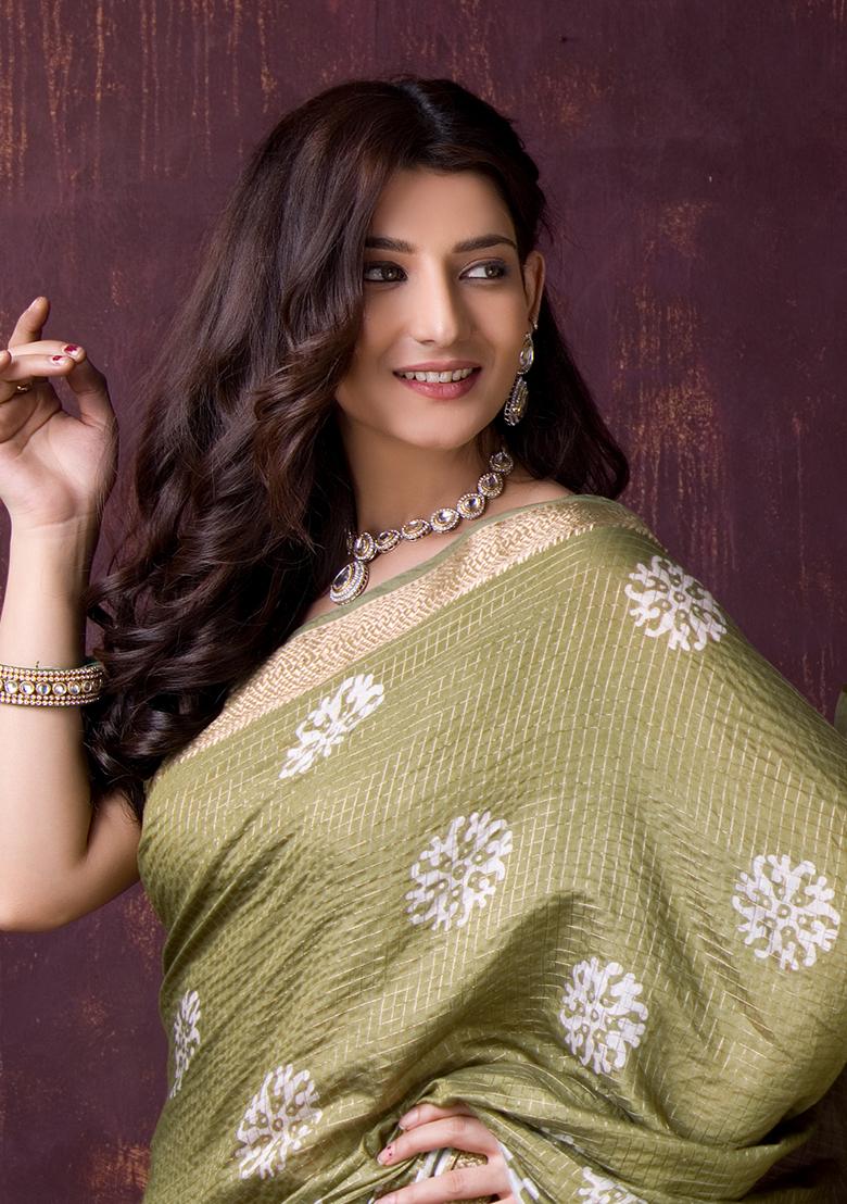 Olive Green Printed Chanderi Saree Set - Indya