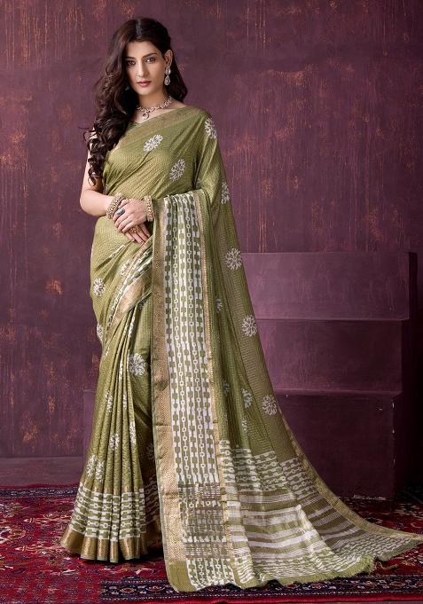 Olive Green Printed Chanderi Saree Set