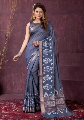 Steel Blue Printed Chanderi Saree Set