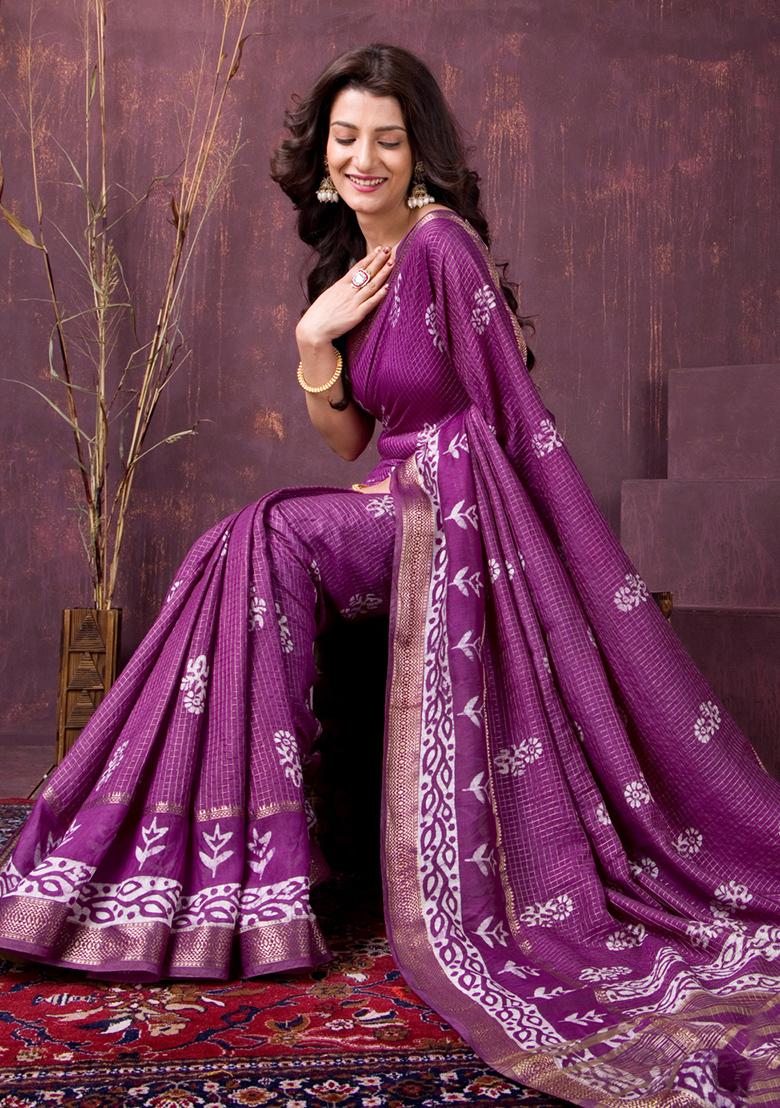 Magenta Printed Chanderi Saree Set - Indya