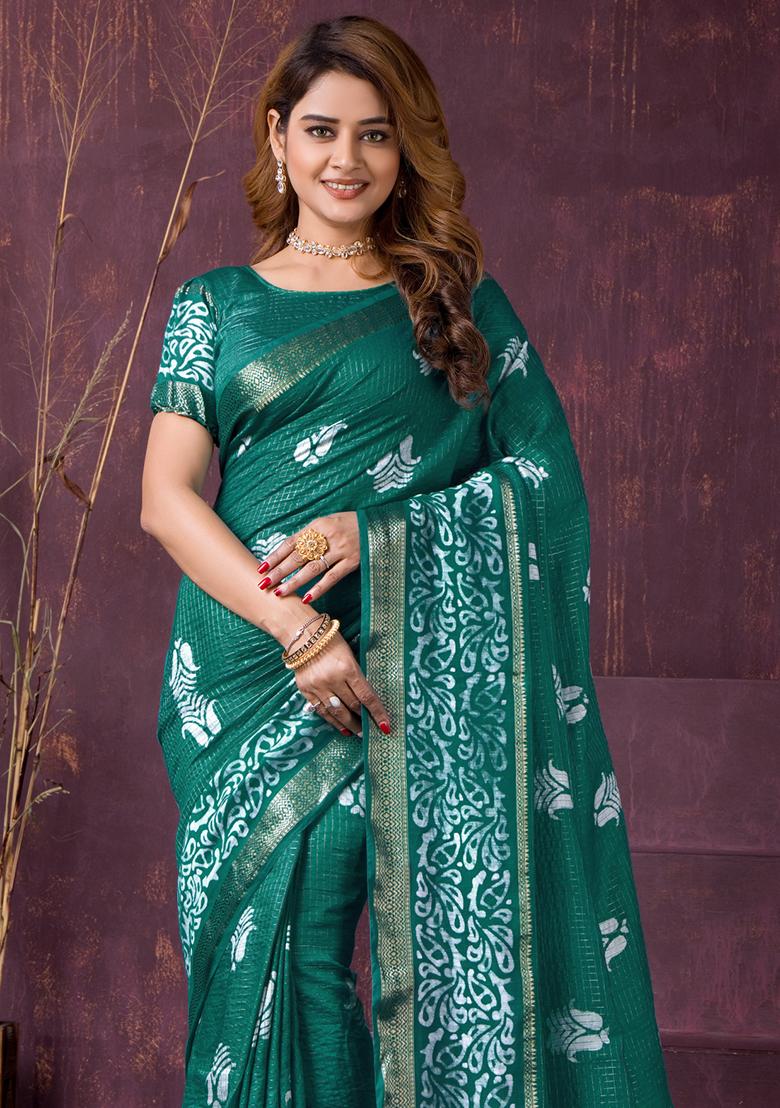 Green Printed Chanderi Saree Set - Indya