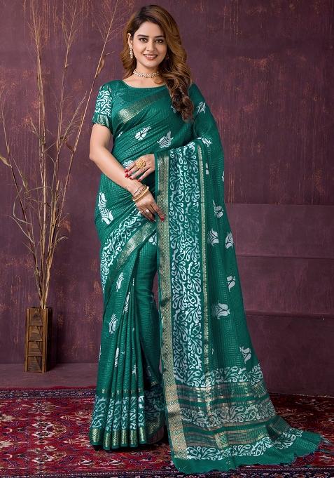 Green Printed Chanderi Saree Set