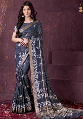 Dark Grey Printed Chanderi Saree Set