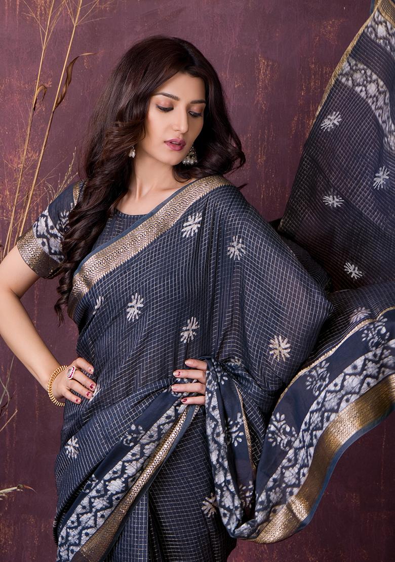 Dark Grey Printed Chanderi Saree Set - Indya