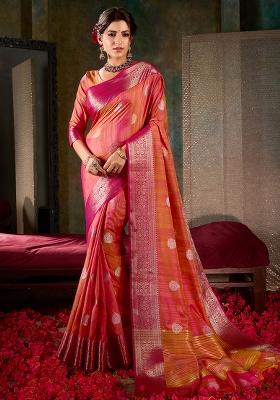 Orange Printed Shimmer Saree Set