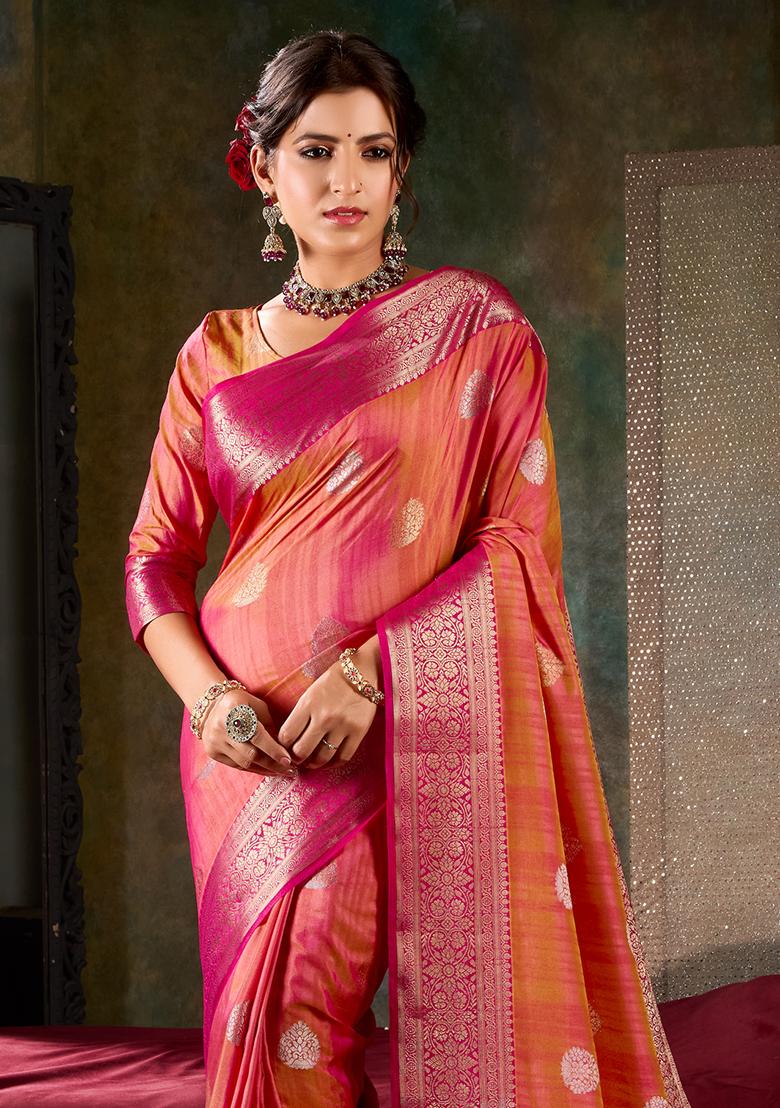 Orange Printed Shimmer Saree Set - Indya