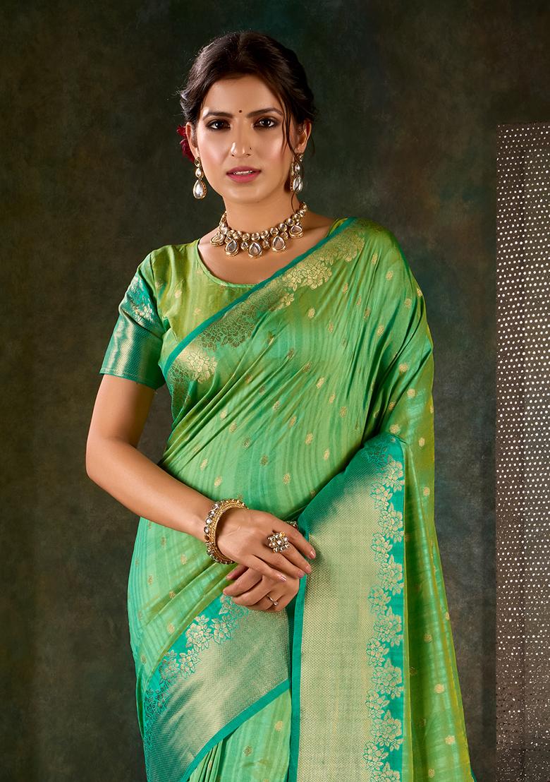 Green Printed Shimmer Saree Set - Indya