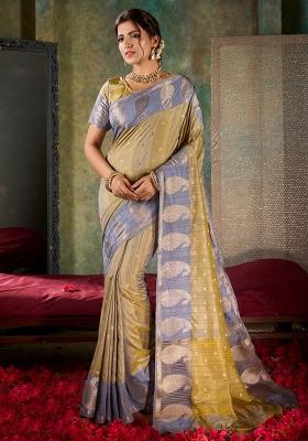 Beige Brown Printed Shimmer Saree Set
