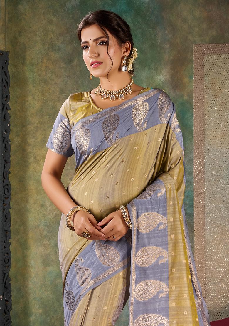Beige Brown Printed Shimmer Saree Set - Indya