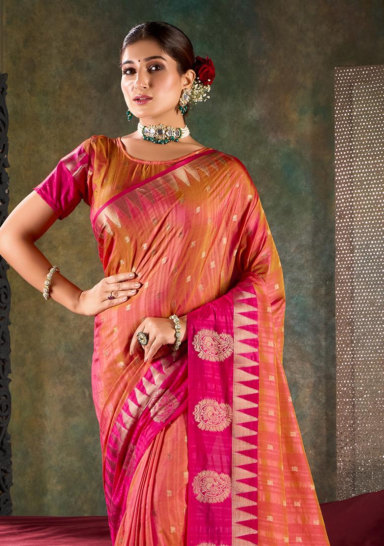 Peach Orange Printed Shimmer Saree Set - Indya