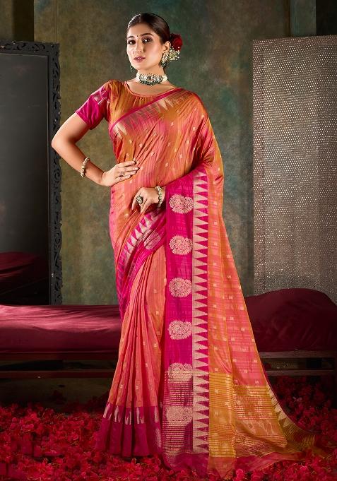 Peach Orange Printed Shimmer Saree Set
