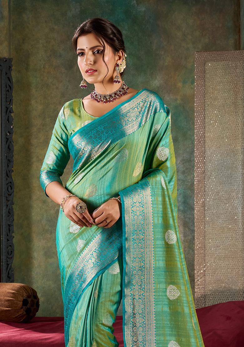 Rama Green Printed Shimmer Saree Set - Indya
