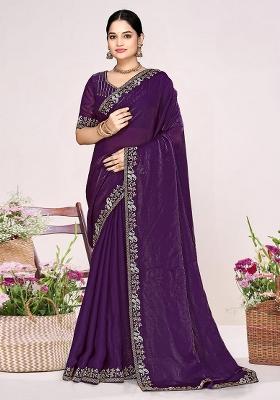 Purple Zircon Work Satin Saree Set