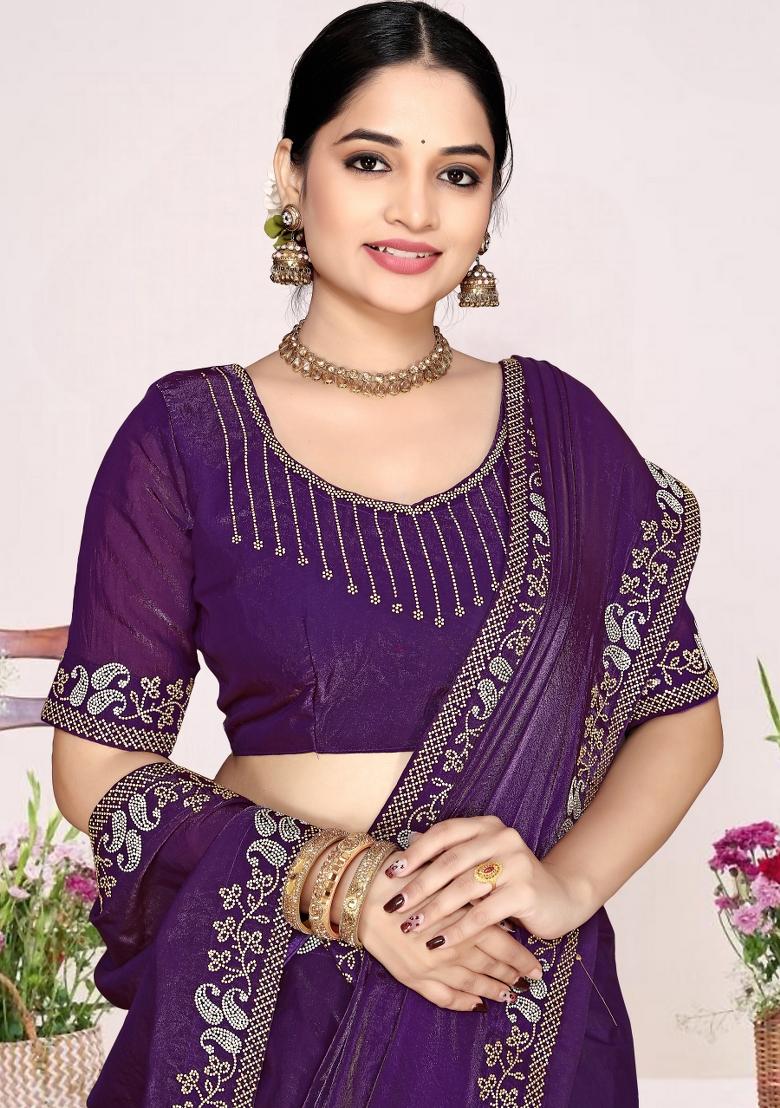 Purple Zircon Work Satin Saree Set - Indya
