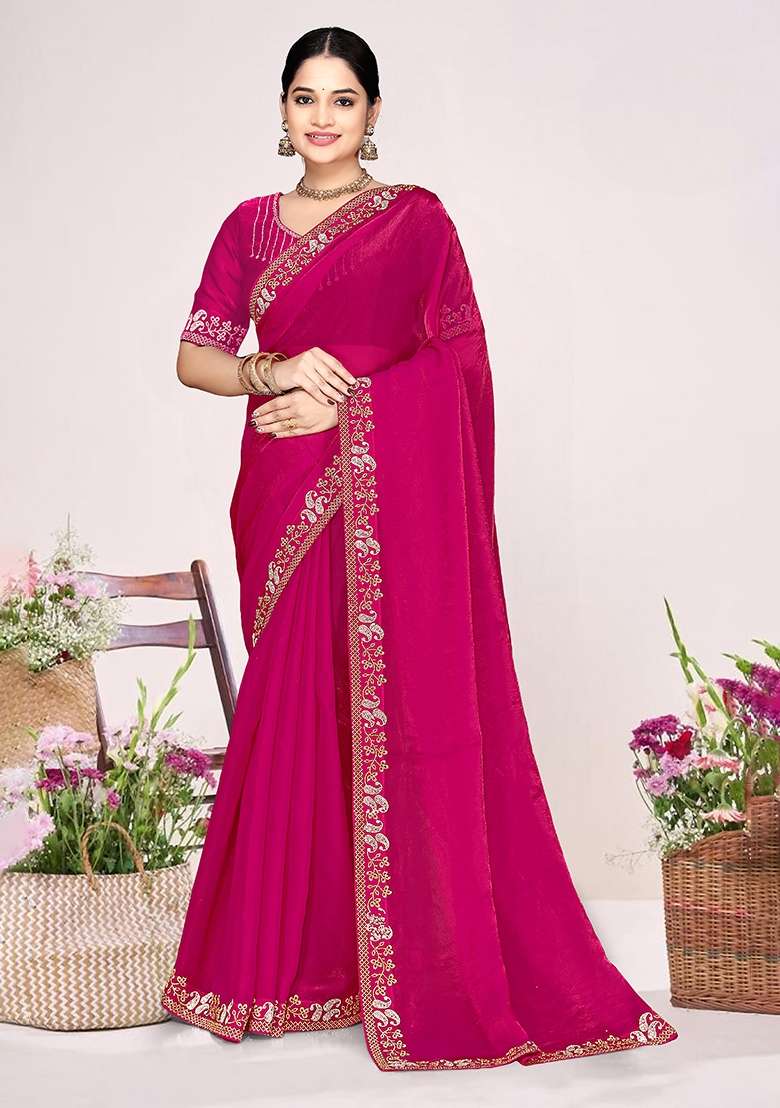 Rani Pink Zircon Work Satin Saree Set for Diwali and Festive Wear - Indya