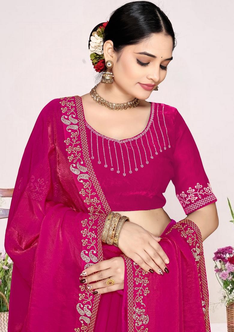 Rani Pink Zircon Work Satin Saree Set - Indya