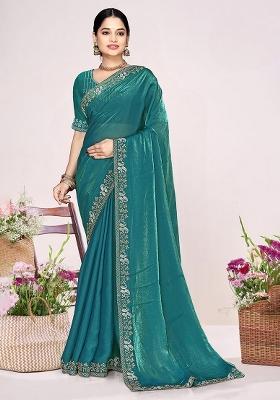 Firozi Zircon Work Satin Saree Set