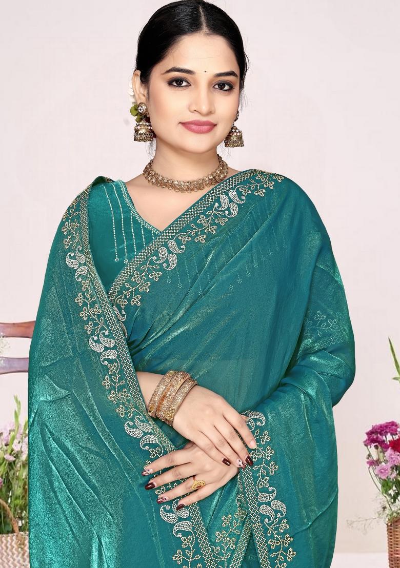 Firozi Zircon Work Satin Saree Set - Indya