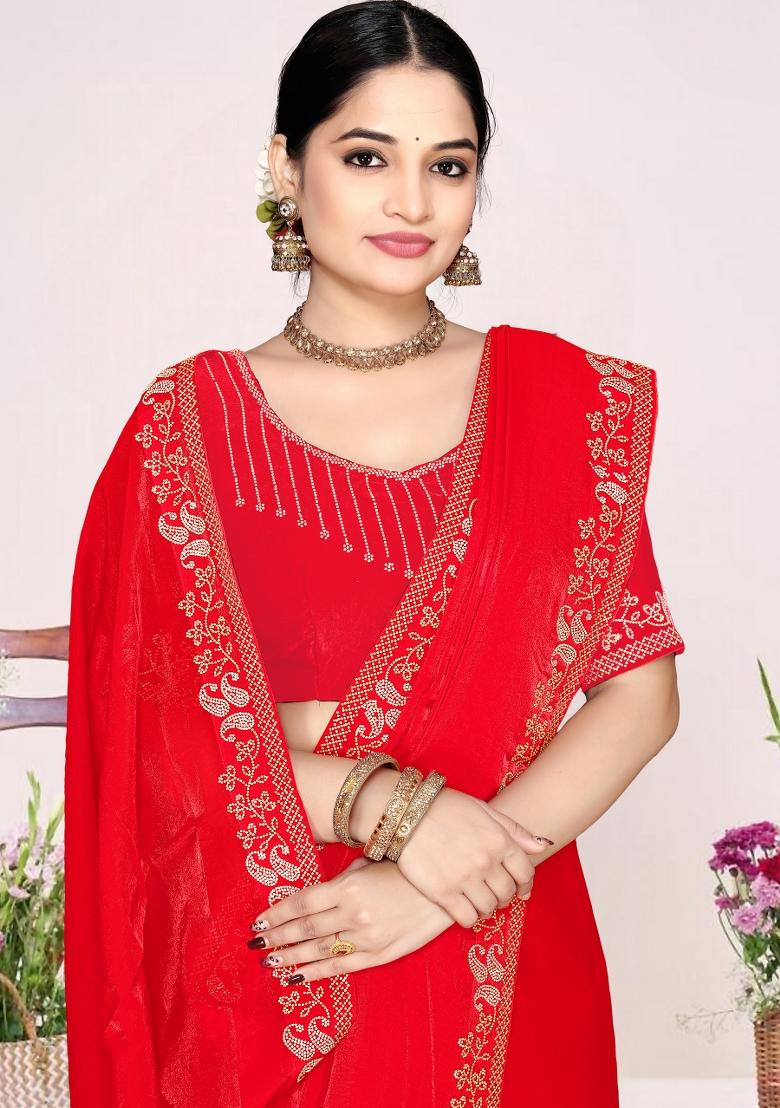 Red Zircon Work Satin Saree Set - Indya
