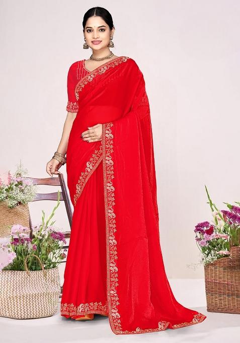Red Zircon Work Satin Saree Set