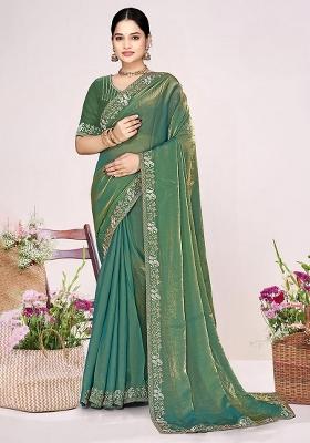 Ice Blue Zircon Work Satin Saree Set