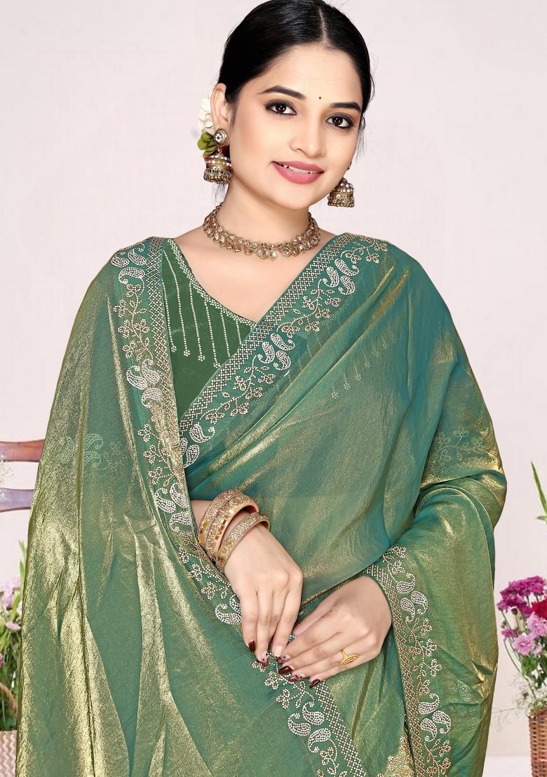 Ice Blue Zircon Work Satin Saree Set - Indya