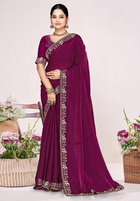 Wine Zircon Work Satin Saree Set