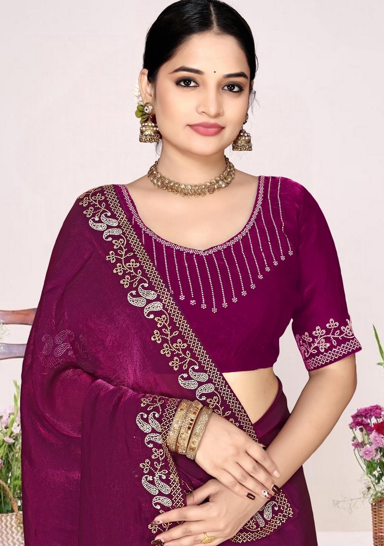 Wine Zircon Work Satin Saree Set - Indya