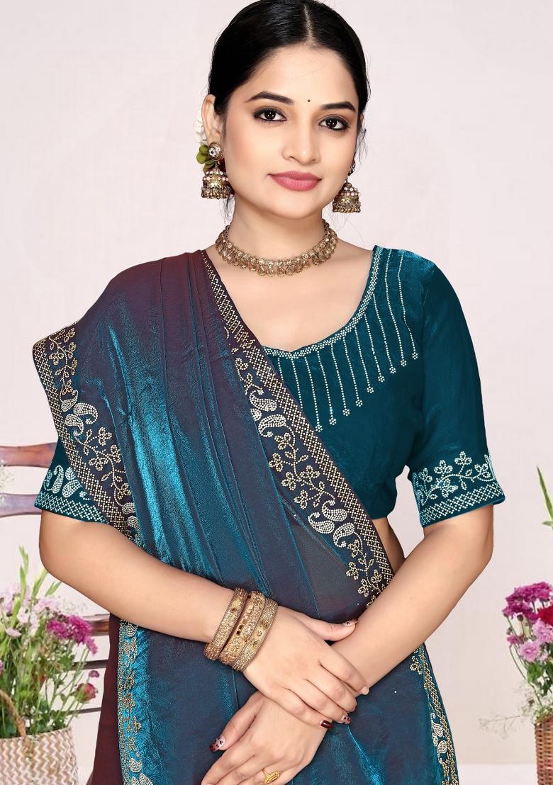 Morpeach Zircon Work Satin Saree Set - Indya