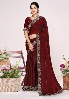 Maroon Zircon Work Satin Saree Set