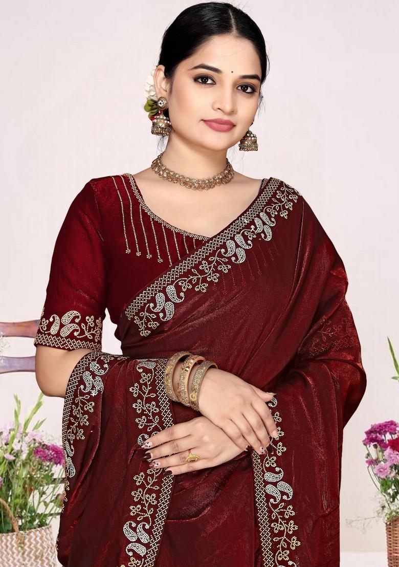 Maroon Zircon Work Satin Saree Set - Indya